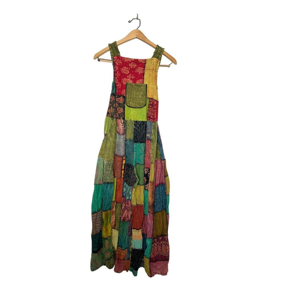 Boho Hippie Colorful Patchwork Wide Leg Overall Jumpsuit One Size